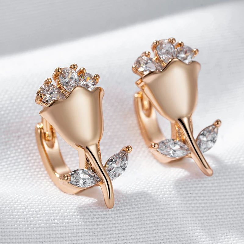 Charming Vintage-Inspired Zircon Flower Earrings in 585 Rose Gold Finish