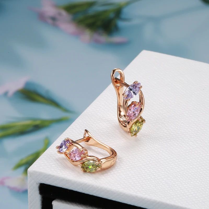 Chic 585 Rose Gold Dangle Earrings with Vibrant Pink Natural Zircon Stones