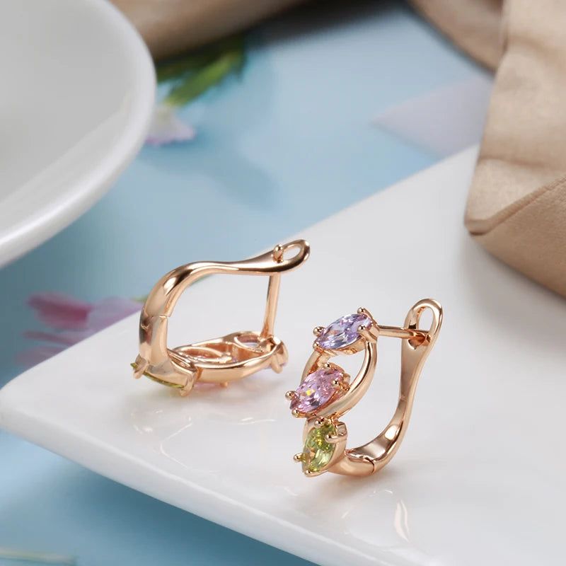 Chic 585 Rose Gold Dangle Earrings with Vibrant Pink Natural Zircon Stones