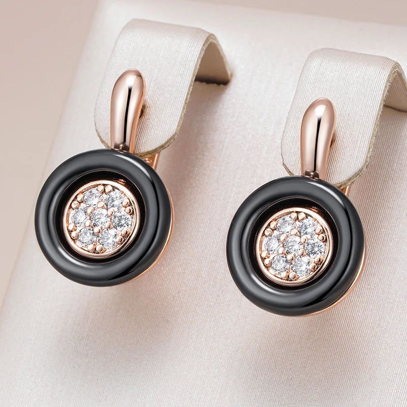 Chic Black Ceramic Geometric Drop Earrings with 585 Rose Gold Accents and Natural Zircon