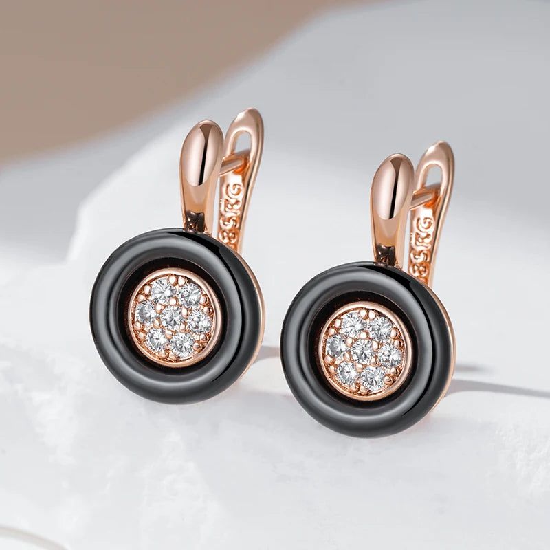 Chic Black Ceramic Geometric Drop Earrings with 585 Rose Gold Accents and Natural Zircon