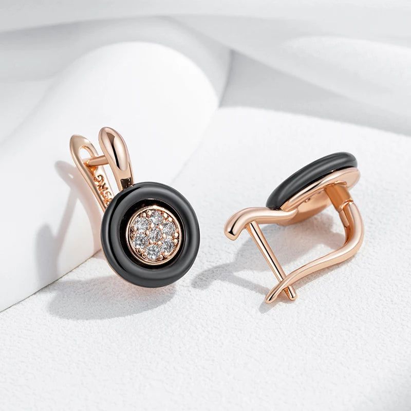 Chic Black Ceramic Geometric Drop Earrings with 585 Rose Gold Accents and Natural Zircon