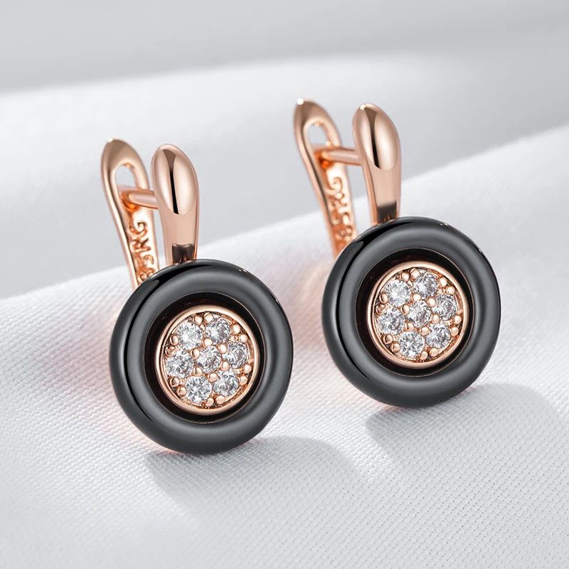 Chic Black Ceramic Geometric Drop Earrings with 585 Rose Gold Accents and Natural Zircon