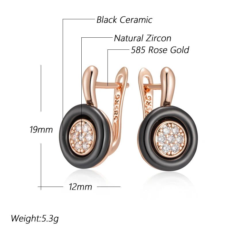 Chic Black Ceramic Geometric Drop Earrings with 585 Rose Gold Accents and Natural Zircon