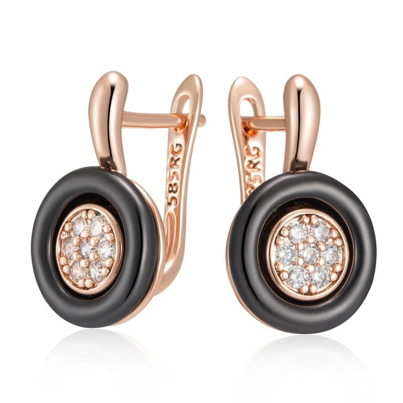 Chic Black Ceramic Geometric Drop Earrings with 585 Rose Gold Accents and Natural Zircon