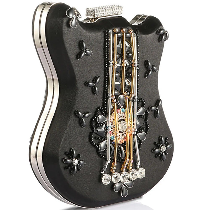 Chic Black Violin-Shaped Evening Bag with Beaded Tassels and Diamond Accents for Women