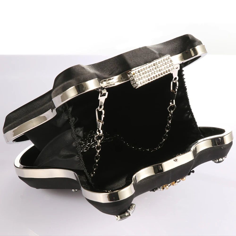 Chic Black Violin-Shaped Evening Bag with Beaded Tassels and Diamond Accents for Women