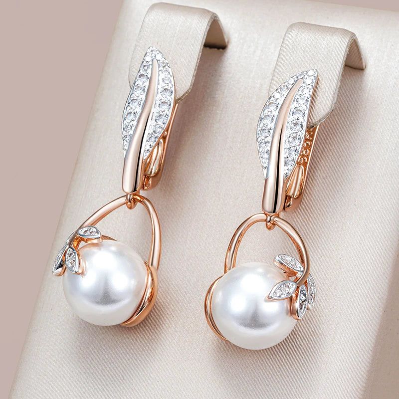 Chic Bohemian Crystal Flower and Pearl Drop Earrings in 585 Rose Gold and Silver