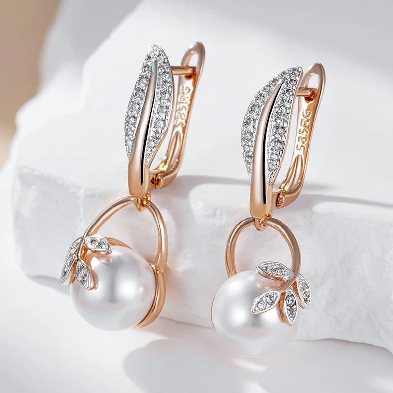 Chic Bohemian Crystal Flower and Pearl Drop Earrings in 585 Rose Gold and Silver