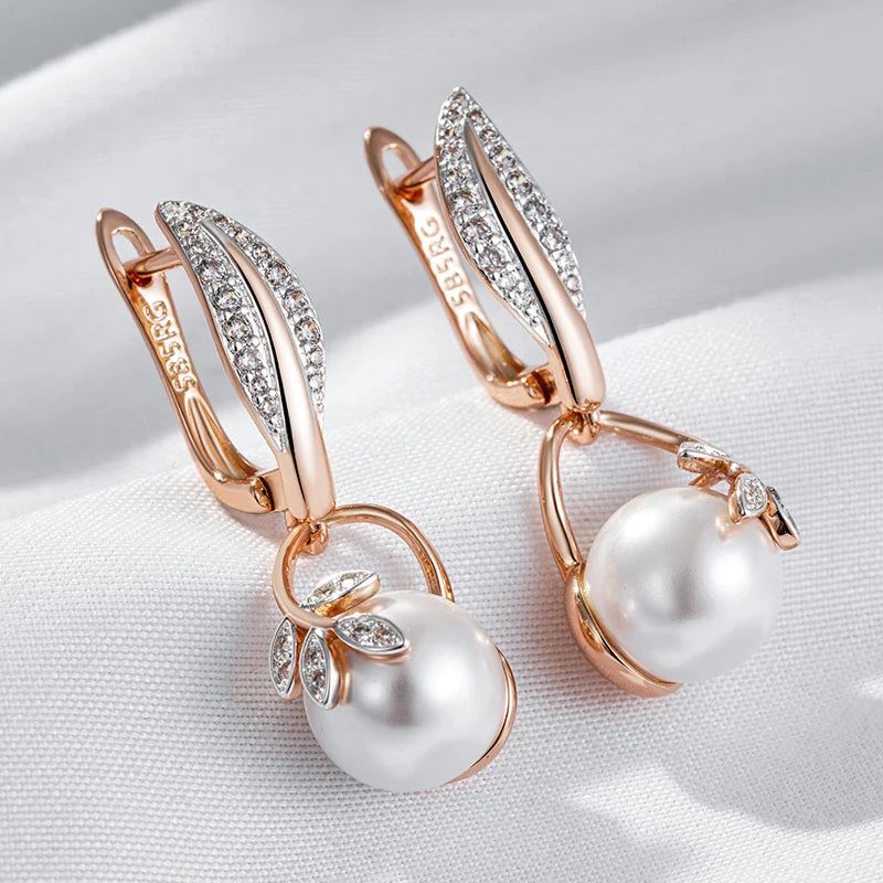 Chic Bohemian Crystal Flower and Pearl Drop Earrings in 585 Rose Gold and Silver