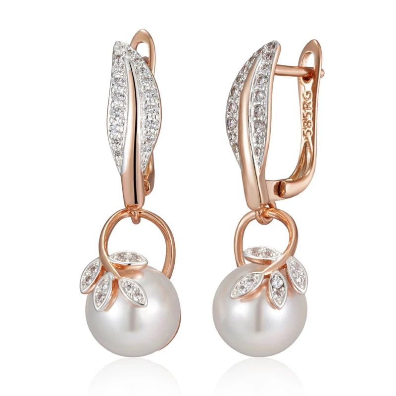 Chic Bohemian Crystal Flower and Pearl Drop Earrings in 585 Rose Gold and Silver