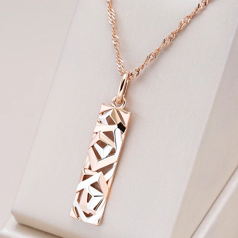 Chic Boho Square Pendant Necklace in 585 Rose Gold and Silver Fusion - Retro Long Jewelry