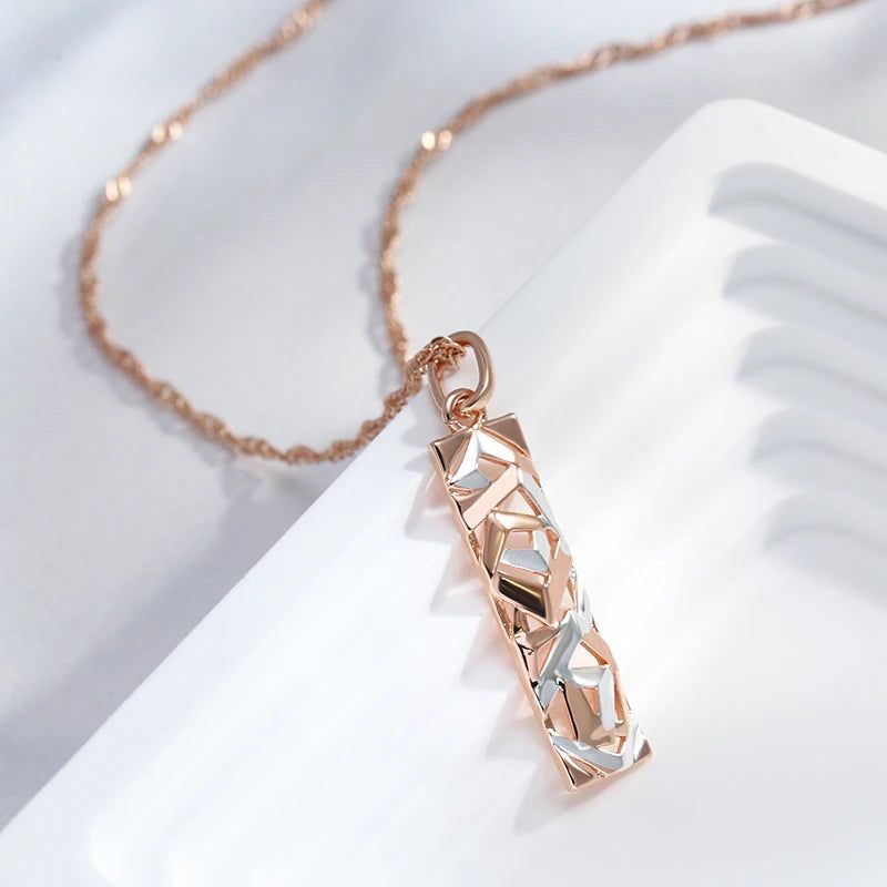 Chic Boho Square Pendant Necklace in 585 Rose Gold and Silver Fusion - Retro Long Jewelry