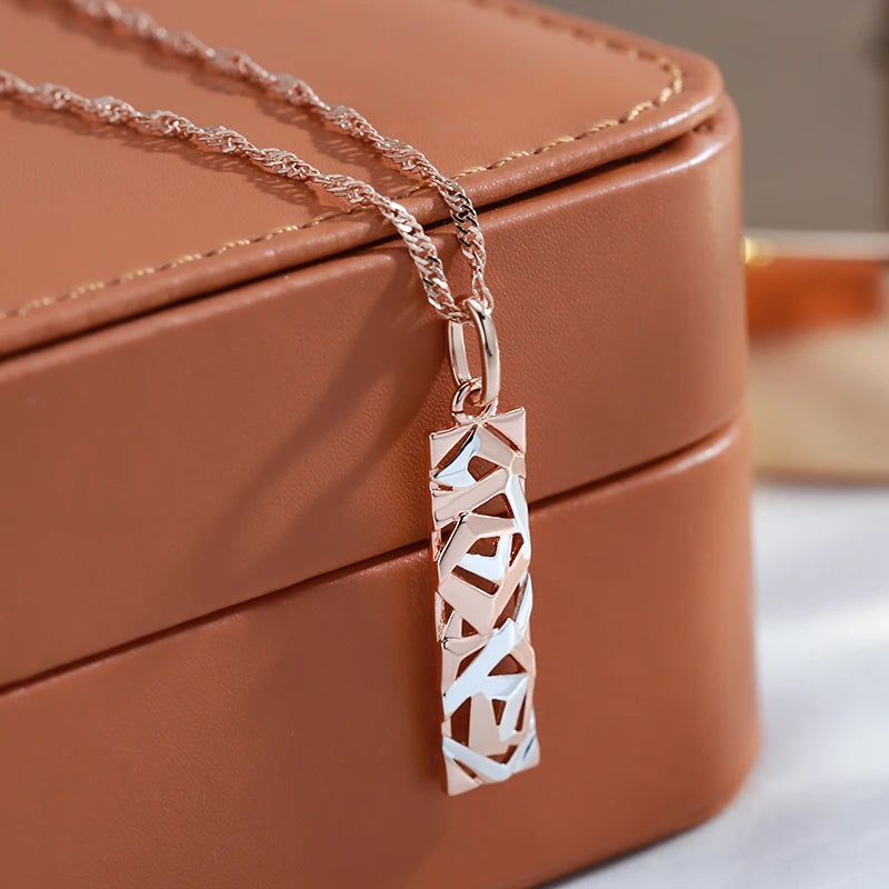 Chic Boho Square Pendant Necklace in 585 Rose Gold and Silver Fusion - Retro Long Jewelry