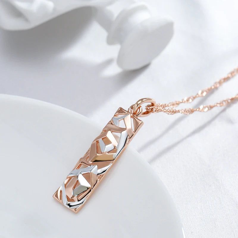 Chic Boho Square Pendant Necklace in 585 Rose Gold and Silver Fusion - Retro Long Jewelry