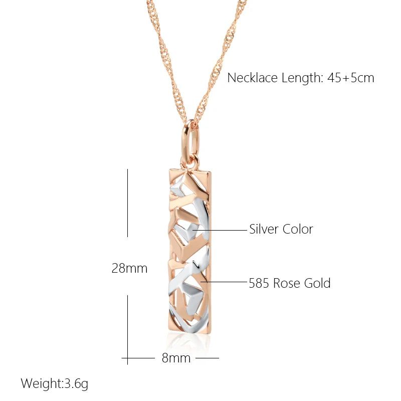 Chic Boho Square Pendant Necklace in 585 Rose Gold and Silver Fusion - Retro Long Jewelry