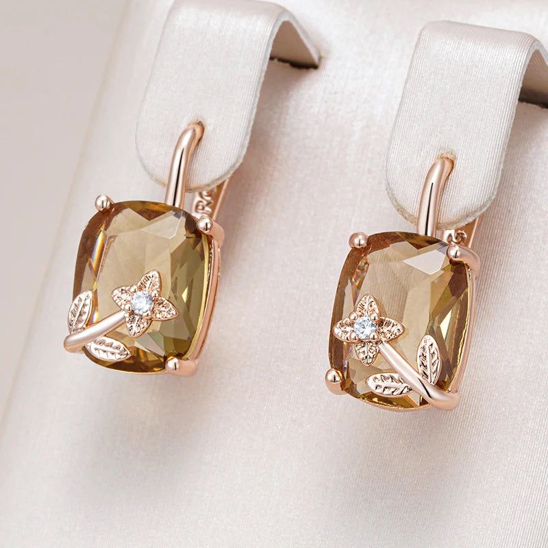 Chic Brown Natural Zircon Drop Earrings in 585 Rose Gold - Unique Geometric Design High-Quality Jewelry