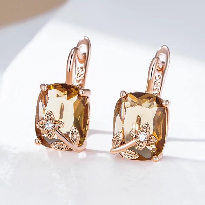 Chic Brown Natural Zircon Drop Earrings in 585 Rose Gold - Unique Geometric Design High-Quality Jewelry