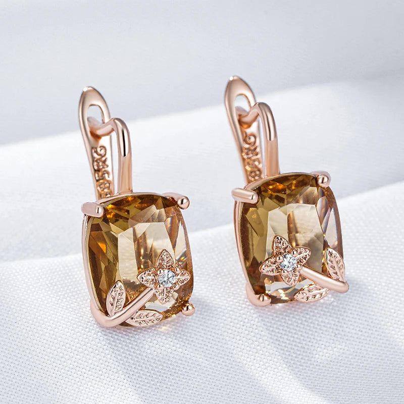 Chic Brown Natural Zircon Drop Earrings in 585 Rose Gold - Unique Geometric Design High-Quality Jewelry