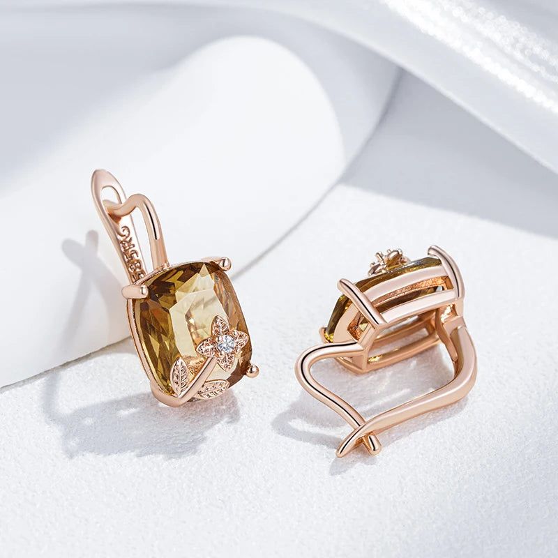 Chic Brown Natural Zircon Drop Earrings in 585 Rose Gold - Unique Geometric Design High-Quality Jewelry