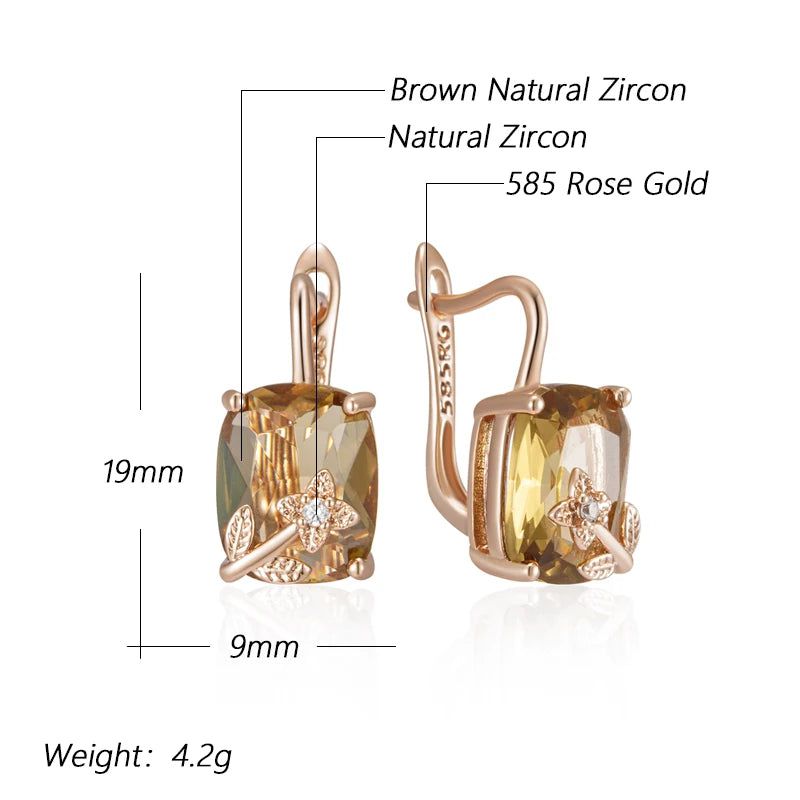 Chic Brown Natural Zircon Drop Earrings in 585 Rose Gold - Unique Geometric Design High-Quality Jewelry