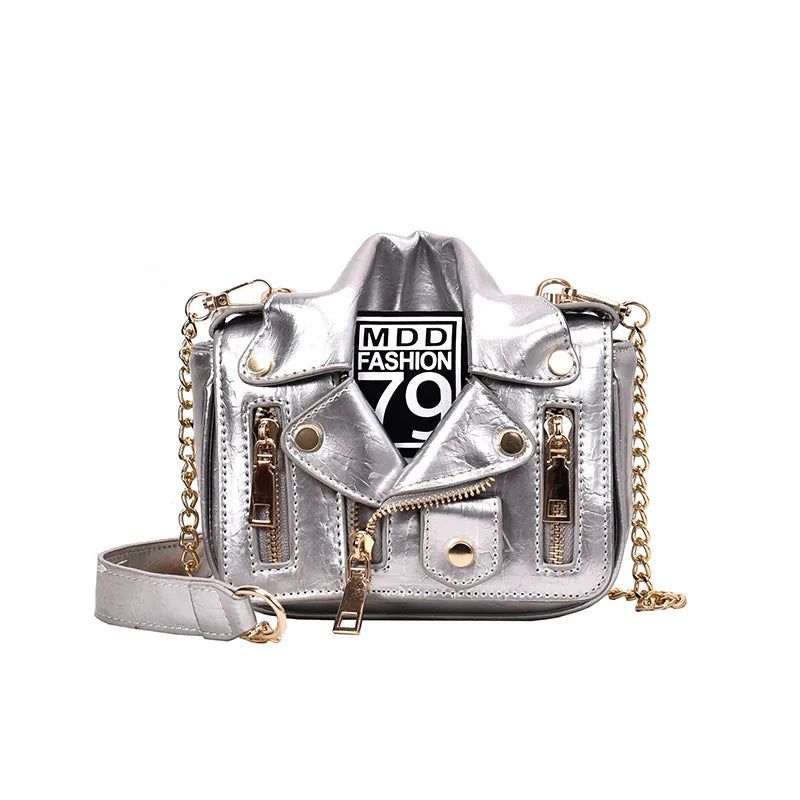 Chic European Chain Design Motorcycle Messenger Bag for Women with Rivet Details and Zipper Closure