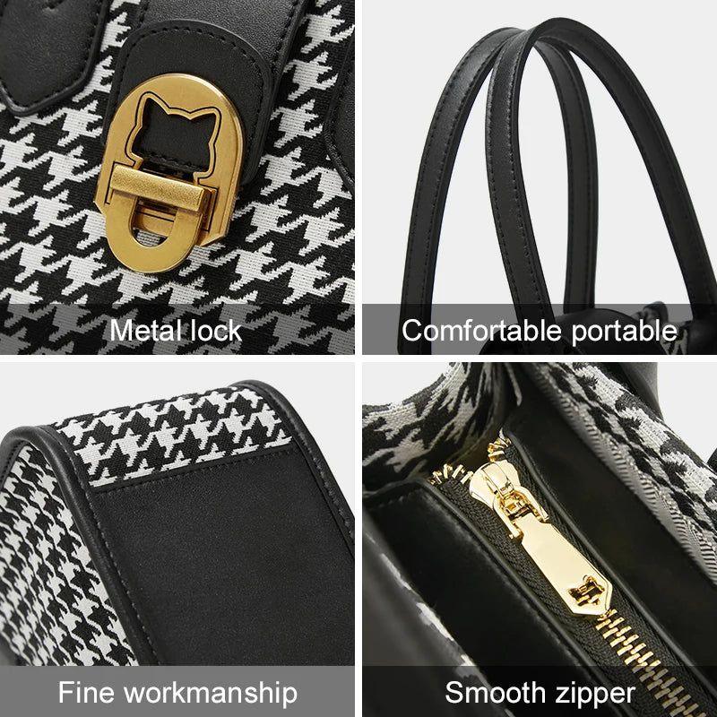 Chic Foxer Houndstooth Bucket Crossbody Bag for Women - Stylish PU Leather Messenger Handbag