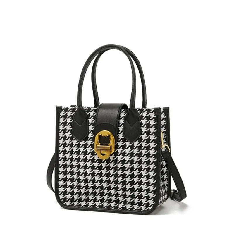 Chic Foxer Houndstooth Bucket Crossbody Bag for Women - Stylish PU Leather Messenger Handbag