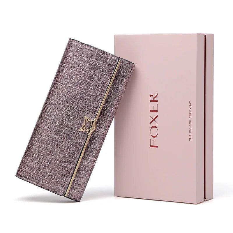 Chic Foxer Women's Long Leather Wallet - Stylish Clutch and Card Holder with Shiny Luxury Finish