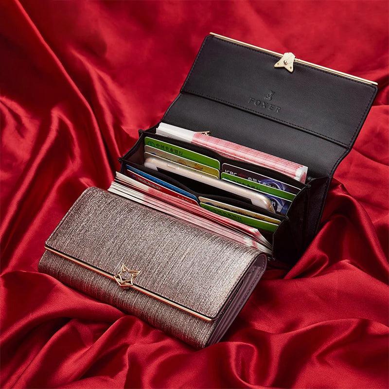 Chic Foxer Women's Long Leather Wallet - Stylish Clutch and Card Holder with Shiny Luxury Finish