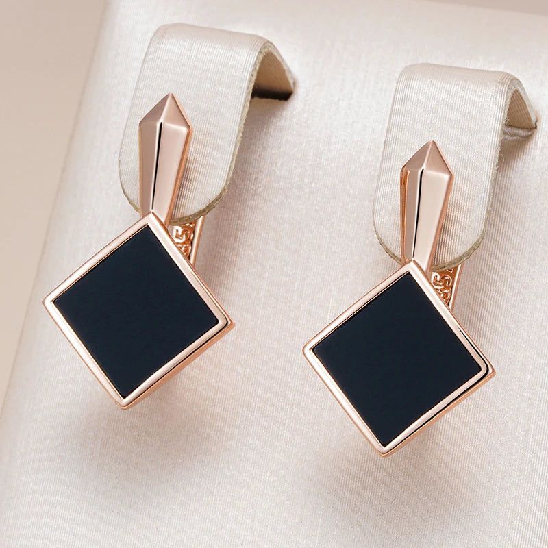 Chic Geometric Black Stone Drop Earrings in 585 Rose Gold Plating