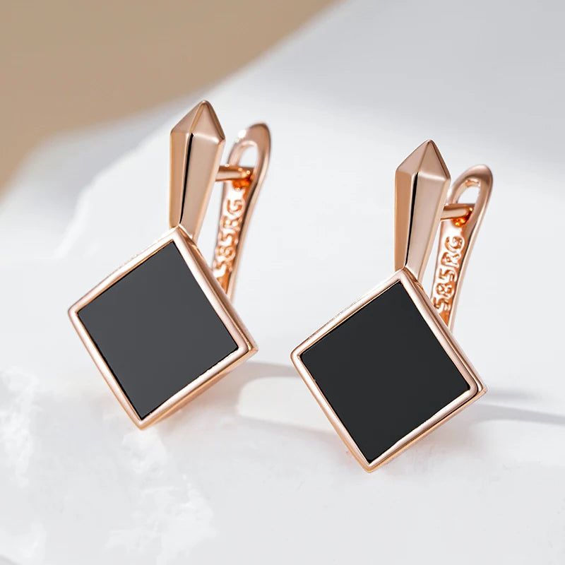 Chic Geometric Black Stone Drop Earrings in 585 Rose Gold Plating