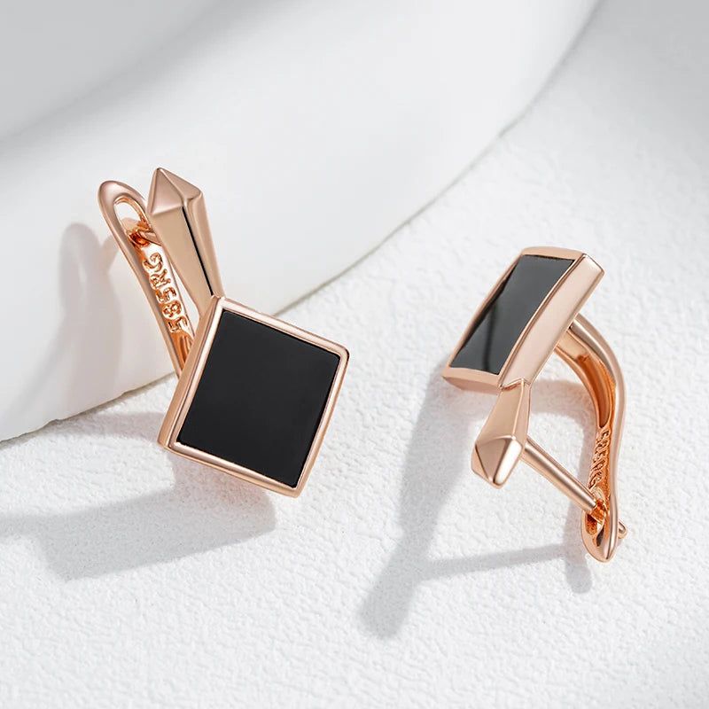 Chic Geometric Black Stone Drop Earrings in 585 Rose Gold Plating