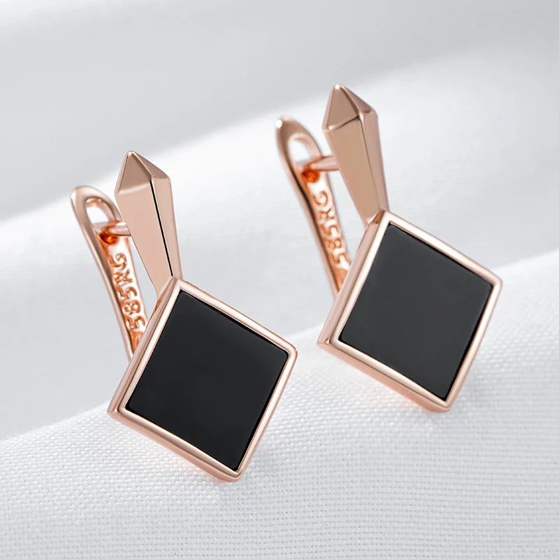 Chic Geometric Black Stone Drop Earrings in 585 Rose Gold Plating