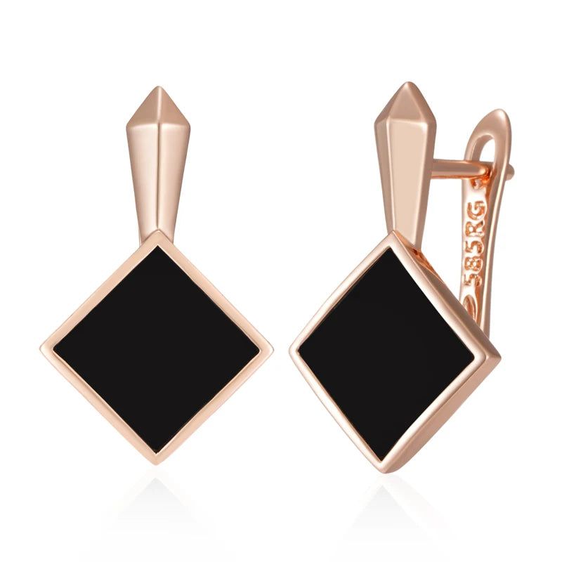 Chic Geometric Black Stone Drop Earrings in 585 Rose Gold Plating