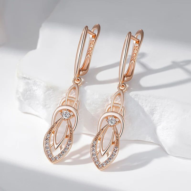 Chic Geometric Rose Gold Drop Earrings with Natural Zircon Accent