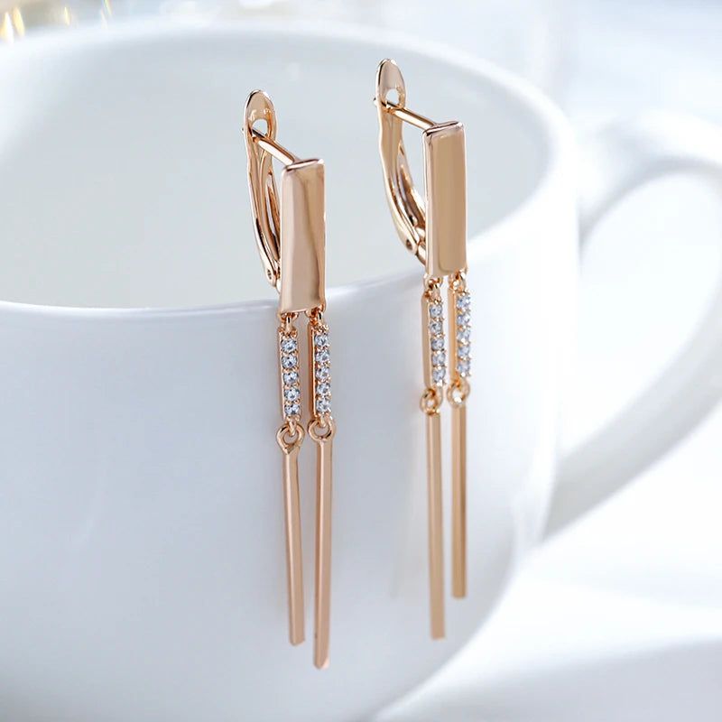 Chic Geometric Tassel Dangle Earrings in 585 Rose Gold with Natural Zircon