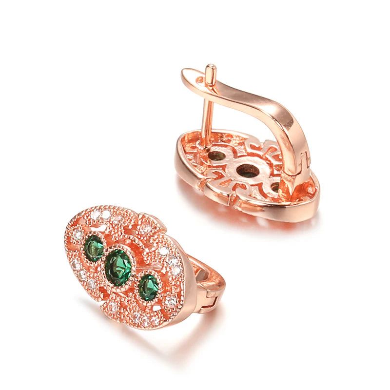 Chic Green Oval Earrings with Multicolor Zircon in Rose Gold Setting