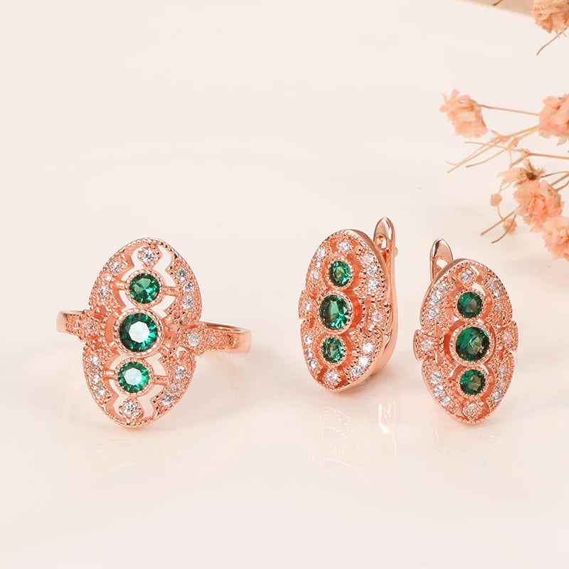 Chic Green Oval Earrings with Multicolor Zircon in Rose Gold Setting