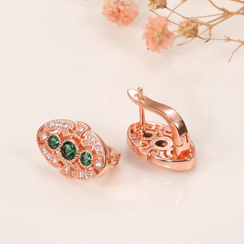 Chic Green Oval Earrings with Multicolor Zircon in Rose Gold Setting