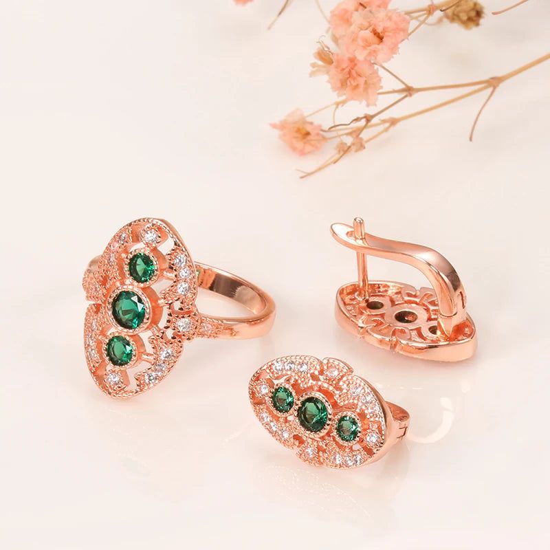 Chic Green Oval Earrings with Multicolor Zircon in Rose Gold Setting