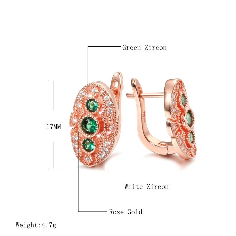 Chic Green Oval Earrings with Multicolor Zircon in Rose Gold Setting