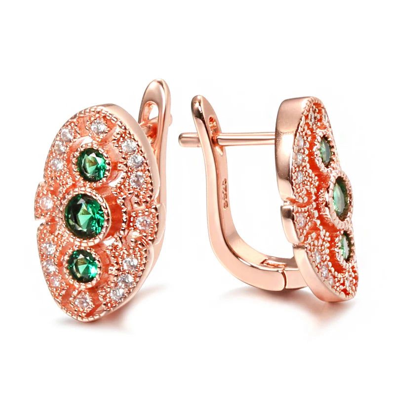 Chic Green Oval Earrings with Multicolor Zircon in Rose Gold Setting