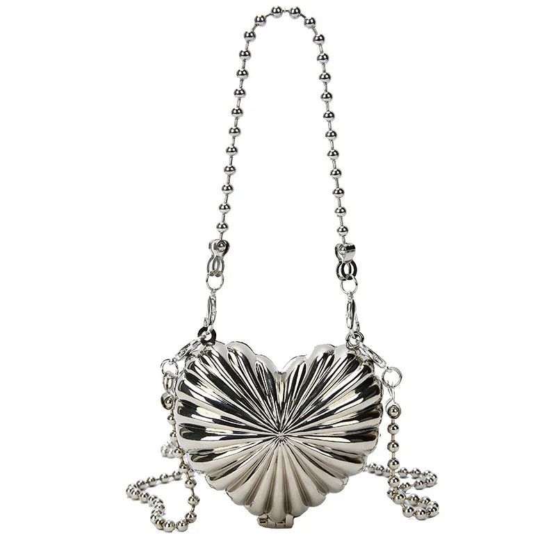 Chic Mini Heart Shell Handbag for Women - Stylish Alloy Design with Beaded Chain Strap