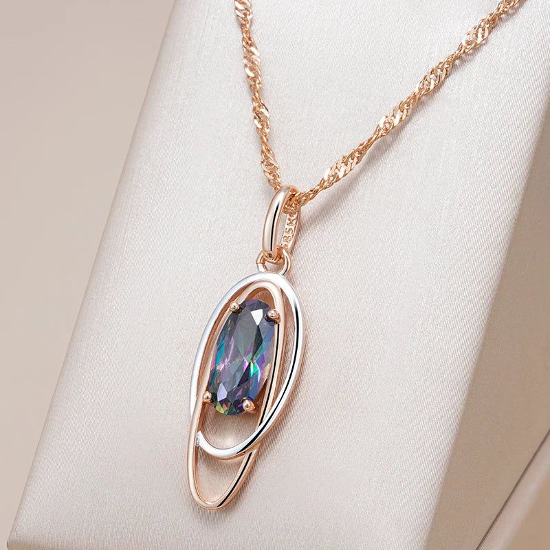 Chic Oval Multicolor Natural Zircon Pendant Necklace in 585 Rose Gold and Silver Elegance