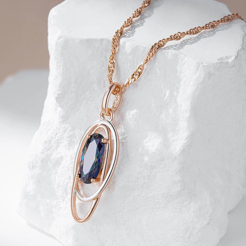 Chic Oval Multicolor Natural Zircon Pendant Necklace in 585 Rose Gold and Silver Elegance