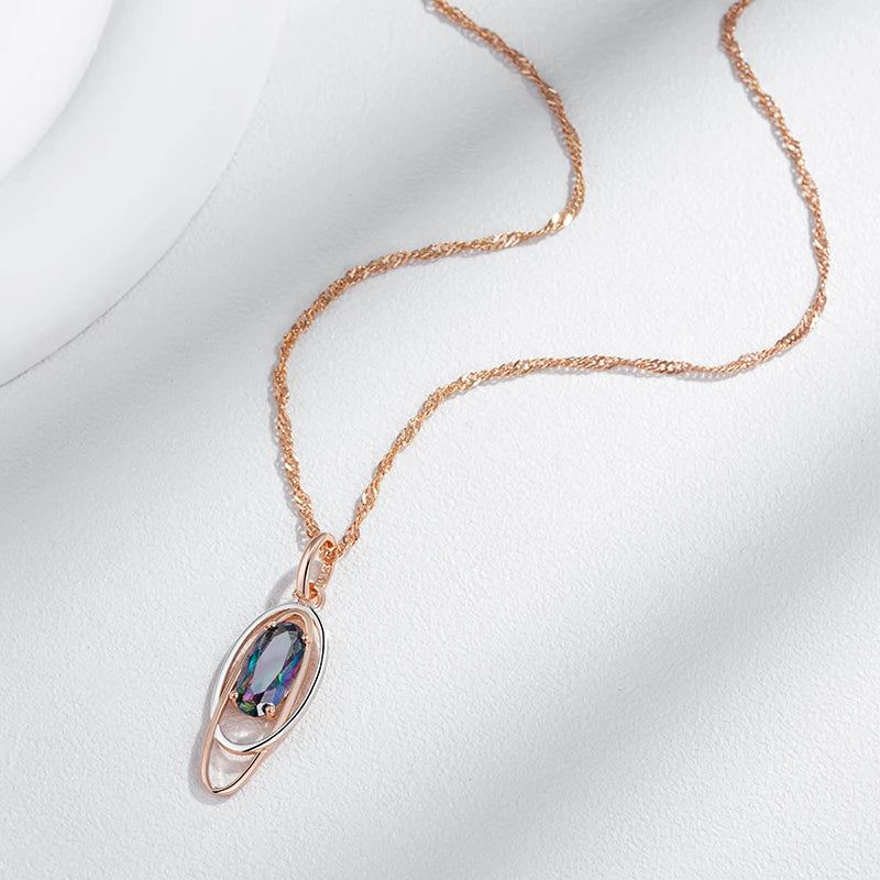 Chic Oval Multicolor Natural Zircon Pendant Necklace in 585 Rose Gold and Silver Elegance