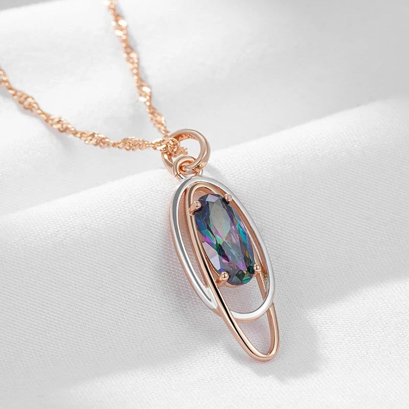 Chic Oval Multicolor Natural Zircon Pendant Necklace in 585 Rose Gold and Silver Elegance