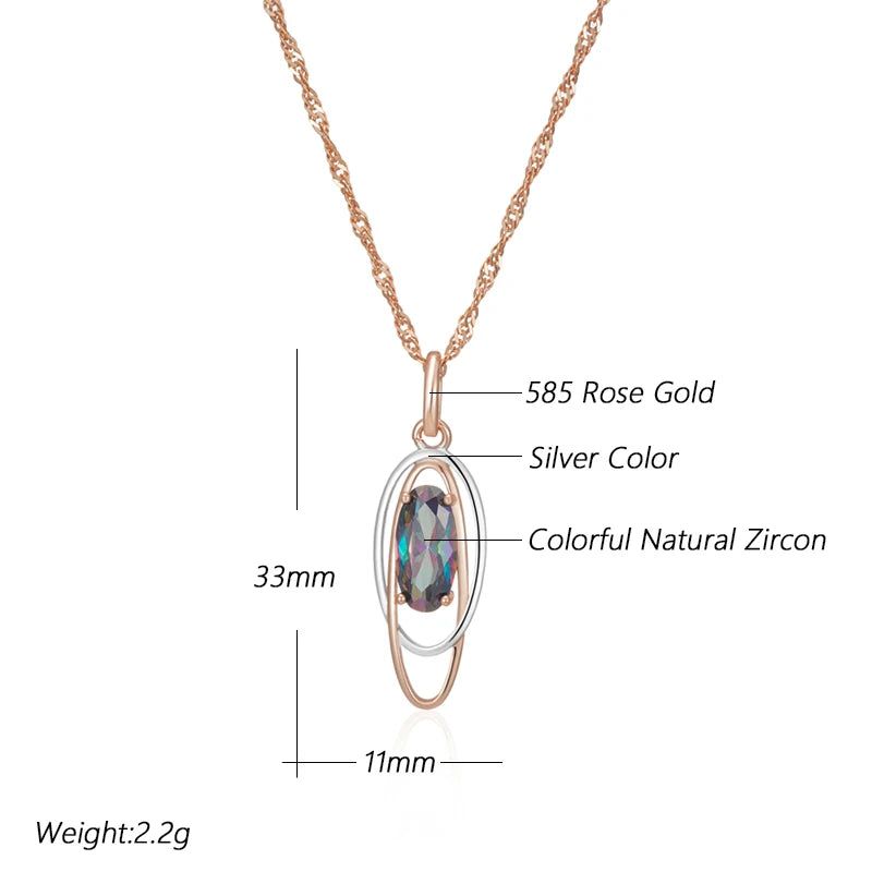 Chic Oval Multicolor Natural Zircon Pendant Necklace in 585 Rose Gold and Silver Elegance