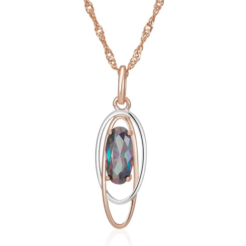 Chic Oval Multicolor Natural Zircon Pendant Necklace in 585 Rose Gold and Silver Elegance